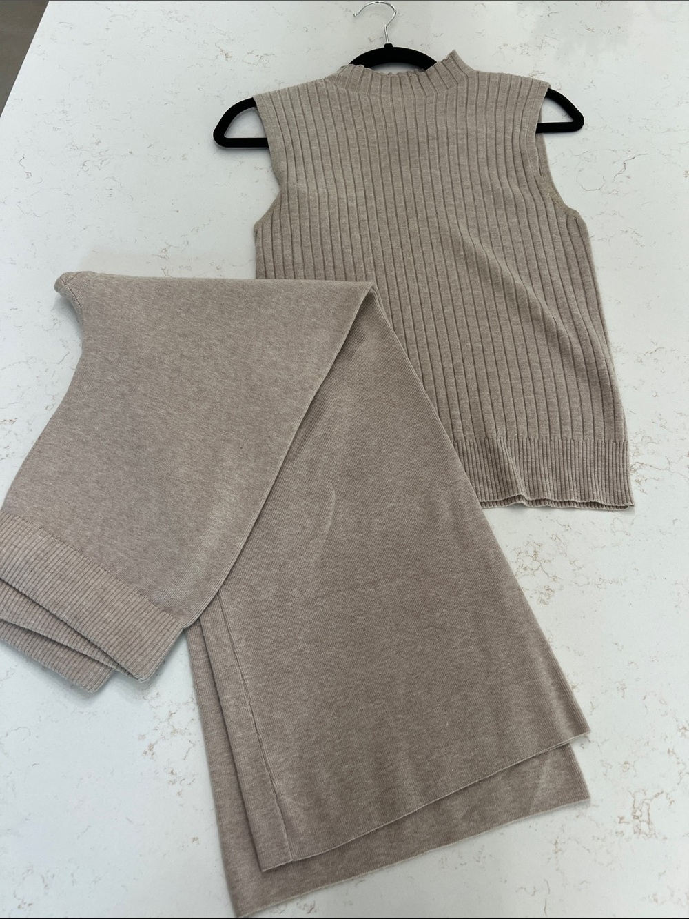 Sioni Ribbed Sleeveless Knit Top and Matching relaxed fit pants - Taupe. Medium